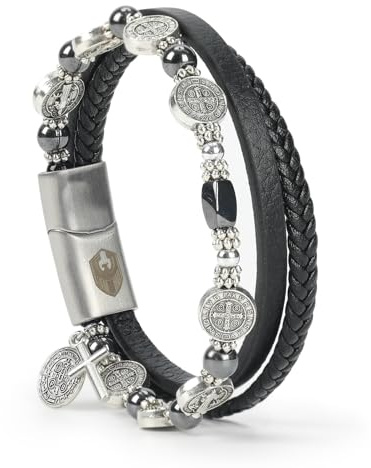 SHIEAGLELD Pulsera Hombre, Pulsera de Cuero para Hombre con Medalla de San Benito y Cruz, Joyero Exclusivo, la Idea de Regalos para Hombres