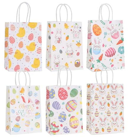 6 Pcs Easter Decorations, Easter Paper Bags, Bunny Gift Bag with Handles Goodie Candy Gift Bags for School Party Bunny and Eggs Basket Containers Decor Supplies