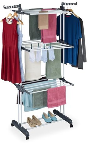 Relaxdays Stendibiancheria Verticale, Stendino Pieghevole a Torre con Ruote HLP 173x126x64 cm, in Metallo, Bianco Grigio