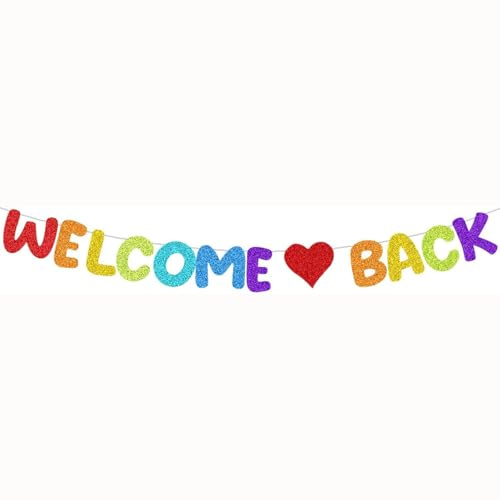 Glitzer Welcome Back Girlande - Herzlich Willkommen Banner für Schulstart, Klassenzimmer & Familienfeste | Wiedersehens-Deko für Schule & Events