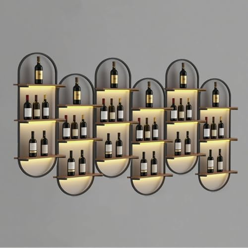 RAJYQODIS Weinregal Wand aus Metall, schwarzes schwebendes Industrieregal, 3-stufiger Wandmontage Wine Display-Ständer, für Hausbar, Esszimmer, Küche und Wohnzimmer (6)