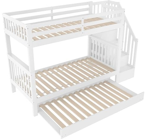 WEALTHOUSE Etagenbett mit Treppenregal und ausziehbarem Rollbett aus massivem Kiefernholz und MDF, platzsparendes Bettgestell mit integrierter Aufbewahrung, Lattenrost inklusive (Weiß,90x200cm)