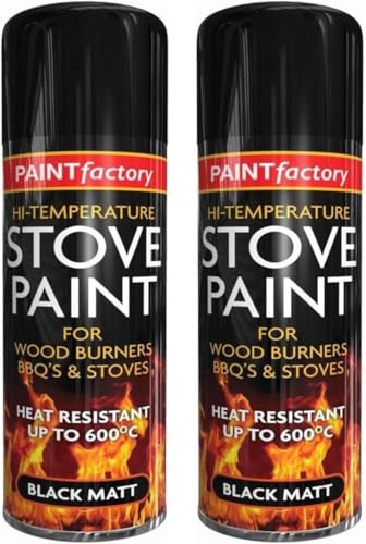 2 Pack Stove Paint Matt Black Spray Aerosol 400ml Cans - High Temperature Heat Resistant Coal Black Spray Paint for BBQ Grill Stove Engine Exhaust Wood Burners