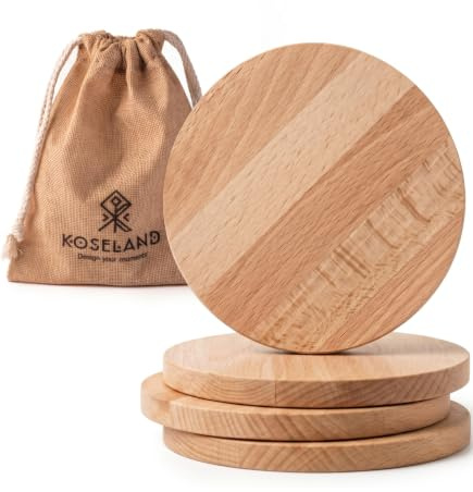 4 Posavasos Madera de Haya Europea Grandes 11 cm Originales Redondos | Decorativos con Bolsa de Lino Elegantes Estilo Nordico, Para Bebidas Tazas de Cafe y Te, Compartir con Familia Pareja Amigos