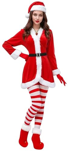 Genikeer Santa Suit,Funny Outfit Dress - Mrs Claus Costume with Bell Necklace Stockings Boots,for Party Cosplay Stage Performance