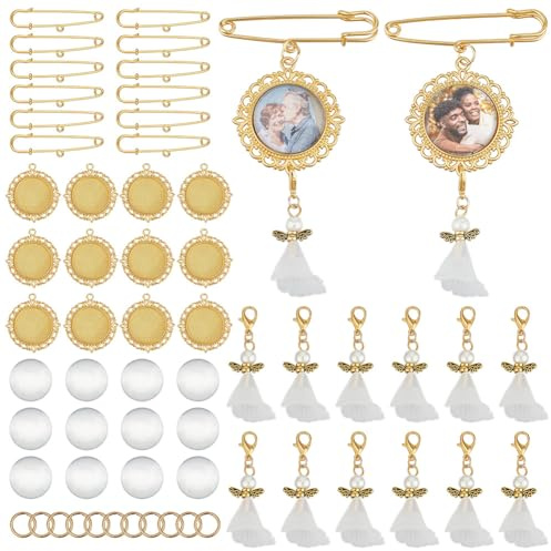 PH PandaHall 12 set gör-det-själv bröllopsbukett foto berlock brosch kit med glas cabochon minnesstift för brud brudgum föräldrar sublimering knapphålsprodukter gyllene hängen ängel berlocker