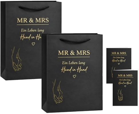 JOVYTH Hochzeit Geschenktüte 2 Stück MR & MRS Schwarz Gold mit Geschenkpapier und Karte, Geschenktasche Zur Hochzeit Hochzeitsgeschenk Verpackung für Brautpaar
