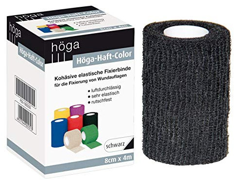 Höga - Benda elastica di fissaggio, 8 cm x 4 m, confezione da 2 (2 x 1 pezzo), colore: Nero