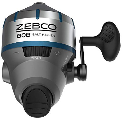 Zebco 808 Saltfisher Spincast Fishing Reel, Size 80 Reel, Changeable Right- or Left-Hand Retrieve, Pre-Spooled with 20-Pound Zebco Fishing Line, Stainless Steel Ball Bearing Drive, Silver
