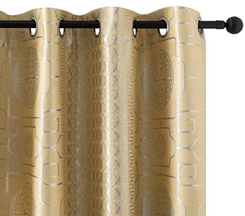 GIRASOLE HOME® Coppia Tende Jacquard Semi Oscuranti Motivo Orientale Tenda Morbida Termica Isolante per Soggiorno Camera e Interni 2 Pannelli con Occhielli (Oro Orientale, 140x275cm)