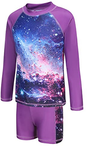 Girls Rash Vest and Shorts Kids Long Sleeve Two Piece Rash Guard Swimsuit Girls Swimming Costume Age 11-12 Years