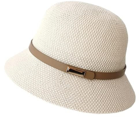 Damen-Sonnenhut im Stil der 1920er-Jahre, Glockenhut mit Schleife, Sommerhut, Bowler, Sonnenhut für Damen, Beige mit Gürtel, M