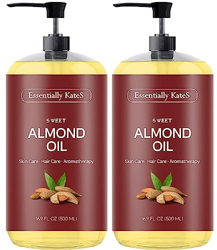 Essentially KateS Sweet Almond Oil 33.8 Fl Oz - Pack of 2 x 16.9 Fl Oz - 100% Pure and Natural - Conditioning, Moisturizing & Nourishing - No Greasy Feel - A Natural Vit. E source