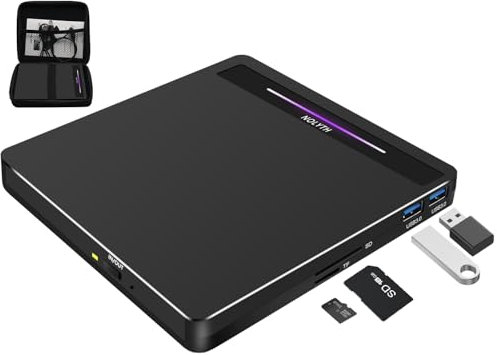 NOLYTH External CD DVD Drive for Laptop, USB 3.0 Type-C Portable with SD/TF 2 USB Ports, Slim CD/DVD RW Burner Rewriter Reader Player for Mac Macbook PC Windows Linux