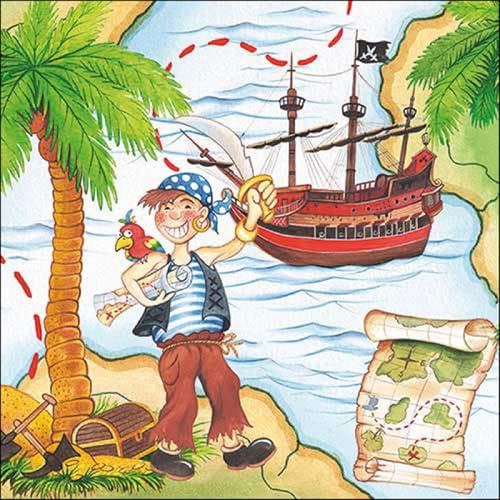 20 Servietten Kindermotiv Pirateninsel mit Landkarte als Tischdeko. Papierservietten mit Motiv. Auch für Decoupage und Serviettentechnik 33x33cm