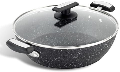 Scoville Xtra 28cm Shallow Casserole with Lid, Non Stick Casserole Pan, NEVERSTICK Coated, Suitable for All Hobs, Rapid Heat Conduction, Dishwasher Safe, PFOA Free, Aluminium, Black [Amazon Exclusive]
