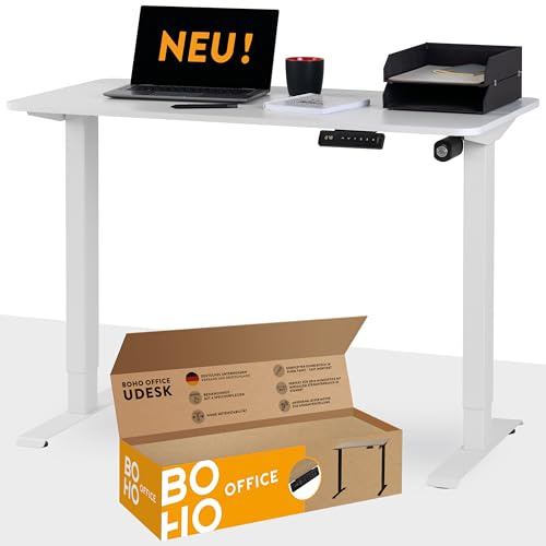 boho office® Elektrisch höhenverstellbarer Schreibtisch - 4 Speicherplätze und FSC-zertifizierter Tischplatte mit abgerundeten Ecken, UDESK Weiß/Weiß