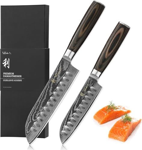 Wakoli EDIB Essentials Küchenmesser Messerset Set 2-teilig - Santoku Messer 12 und 18 cm aus 67 Lagen Damaststahl mit VG10 Kern - Pakkaholzgriff - Damastmesser Set mit Geschenkbox - Gemüsemesser