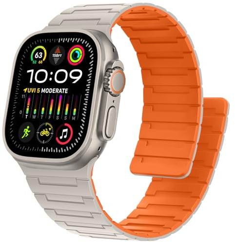 Bisikor Magnetic Straps Compatible with Apple Watch Band 49mm 46mm 45mm 44mm 42mm 41mm 40mm 38mm Silicone Sport Strap for iWatch Ultra2 SE Series 10 9 8 7 6 5 4 3 (42/44/45/46/49, Starlight/Orange)