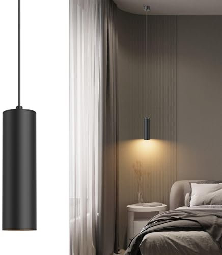 Klighten Suspension Luminaire Cylindre GU10, Lampe Suspension Moderne avec Ampoule 5W 470 LM, Lampe Suspension LED pour Salon Chambre Cuisine Chevet, Blanc Chaud 3000K, 20cm, Noir
