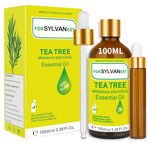 FORSYLVANEST Olio di Tea Tree 100ML – 100% Puro, Non Diluido, Ideale per Cura della Pelle e dei Capelli, Aromaterapia, Massaggi, SPA, Bagni e Produzione di Candele – 3,38 fl.oz Olio Essenziale