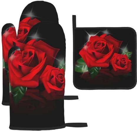 Set di 3 guanti da forno e presine con rose rosse, resistenti al calore, regalo da cucina per cucinare