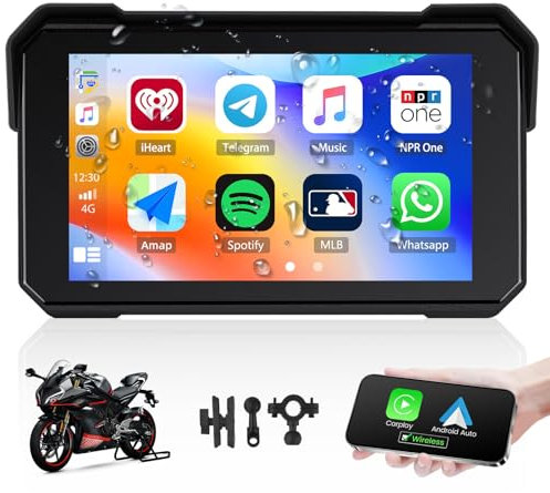 Veicolo All Terreno con Android Auto Carplay senza Fili, Touch Screen da 5 impermeabile IP68 per motocicli con telecamera da cruscotto di navigazione, kit vivavoce Bluetooth, schermo Moto Carplay