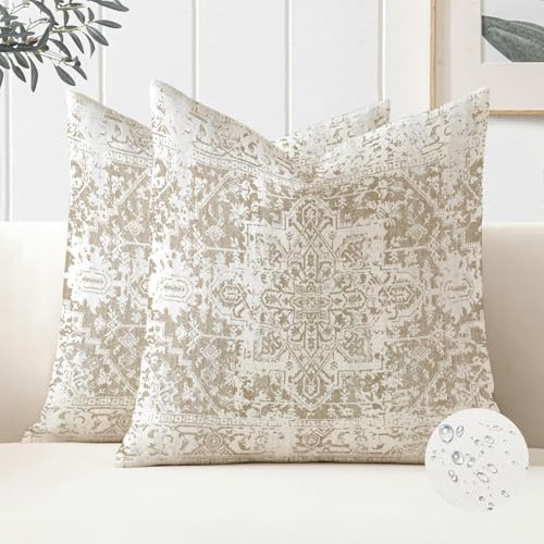 Miuyunya Kissenbezüge Orientalisch Beige 50 x 50 Bohemian Kissenbezug Outdoor Wasserdicht Kissenhülle Ethno Indische Exotische Dekorative Retro Zierkissenbezüge für Sofa Kissen 2er Set