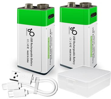2 batterie ricaricabili da 9 V, USB/Type-C 9 V, agli ioni di litio, ad alta capacità, 650 mAh, 5920 mWh, batteria al litio ricaricabile, 1200 cicli, con cavo di ricarica