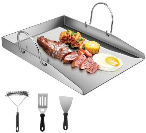 Trsaow 430 Stainless Steel Grill Plate with Front Edge Universal Griddle Plate with Grill Spatula Accessory Set 40x30cm Stainless Steel BBQ Plancha Grill Plate for Vegetables, Meat... Dishwasher Safe