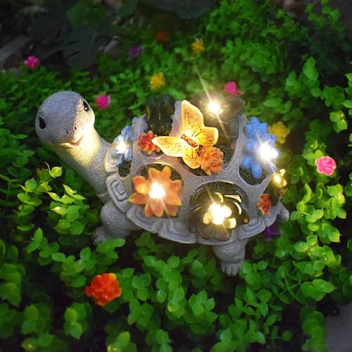 YZYOE Luz de Tortuga Mariposa suculenta alimentada por energía Solar led, luz de decoración atmósfera al Aire Libre, Linda lámpara Paisaje jardín Tortuga Resina con Mariposas y Flores suculentas.