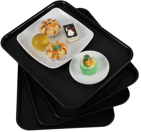 Fabnati 4 Pack Rectangular Plastic Serving Tray for Cafeteria, Black Large Dinner Tray