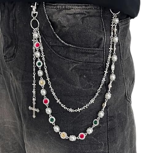 Pants Chains Versatile Wallet Waist Belt Chain Bike Hip Hop Punk JeansChain Layered Clothing Accessory for Street Style Decor Men Women (Pearl Cross Chains)
