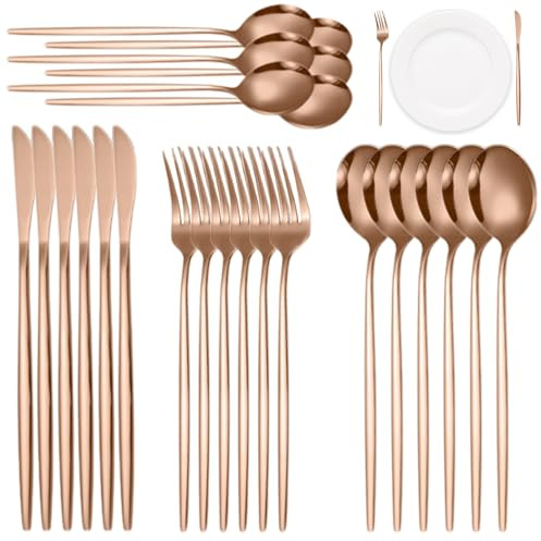 Rose Gold Silverware Set, 24 Pieces Stainless Steel Fork and Spoon Set, Cutlery Include Knife Fork Spoon Teaspoon, Easy Clean Flatware SetRose Gold Silverware