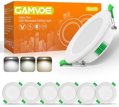 Downlights for Ceiling,GAMVOE Recessed Ceiling Light 5W 3CCT+Dimmable LED Spot Light 2700K/4000K/6000K Adjustable IP44 Ultra Slim Bathroom Spotlight Cut Diameter 66-87mm for Kitchen,Living Room(6Pack)