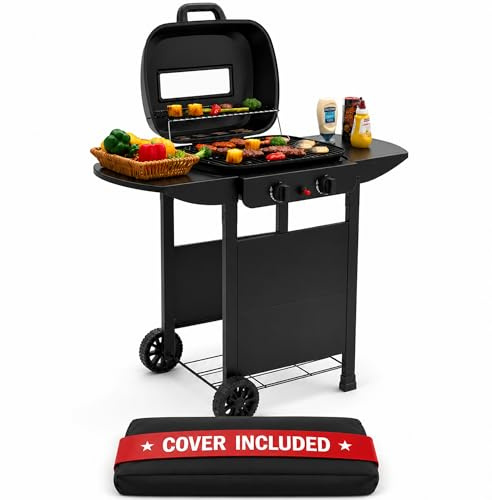 2 Burner Gas Grill BBQ including Cover, Lid and Lava Rock, Foldable Side Tables, Generous 47 x 37cm Cooking Area, Perfect for Outdoor Cooking