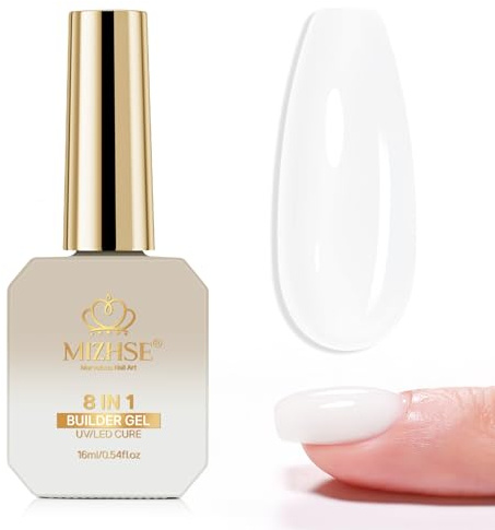 MIZHSE Builder Gel in a Bottle, 8-in-1 Nail Builder Gel White, UV Gels for Nails Extension Hardener Strengthener Nails Glue, Milky White, 16ml