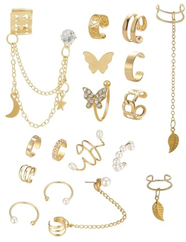 TOZBLEU 16PCS Ear Cuff Pendientes Juego Clip Pendientes No Piercing Cartílago Cadena Pendientes para Mujeres Ajustable Clip Orejas Set Falsos Helix Sin Agujero Ear Cuff, Oro