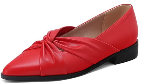 Qynthra Zapatos Oficina Tacón Bloque Bajo Punta Afilada Mujer Cuero Sintético Slip On Tacones Trabajo para Oficina Negocios (Talla Grande),Rojo,34 EU