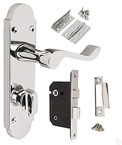 HANDLESTORE Shaped Scroll Bathroom Door Handle Set with Hinges – Polished Chrome Lever Handles on Backplate with 63mm Bathroom Lock, Thumbturn & Screws