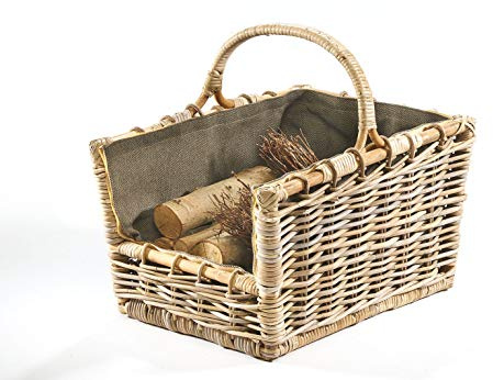Kobolo Kaminholzkorb Holztrage für Kaminholz -Rattan grau abnehmbarer Textileinsatz in antrazith