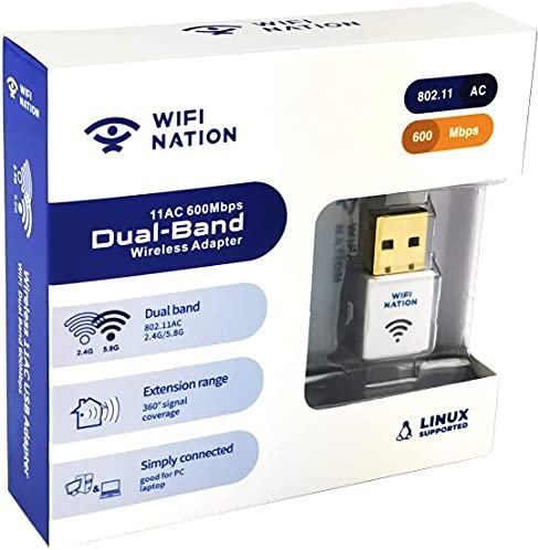 WiFi Nation® WiFI Dongle Mini 802.11ac AC600 USB Wifi adapter, internet dongle, chipset: Realtek RTL8811AU, Dual Band 2.4GHz or 5GHz, Windows, MacOS and Linux Supported - White