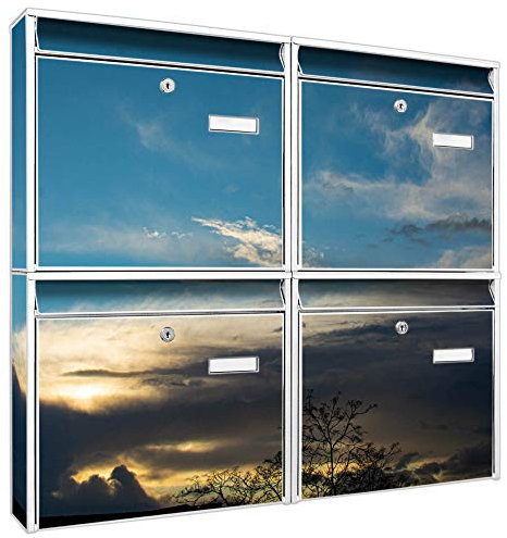 banjado Briefkastenanlage 4 Fach - Postkästen groß - verzinkter Stahl weiß DIN A4 Motiv Wolken 7 - Briefkasten Set 4 Briefkästen Namensschild, 2 Schlüssel, Montagematerial