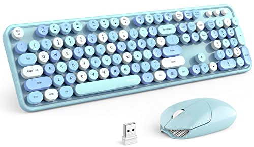 MOFII Wireless Keyboard and Mouse Combo, Retro Keyboard with Round Keycaps, 2.4GHz Dropout-Free Connection, Cute Wireless Mouse for PC/Laptop/Mac/Windows XP/7/8/10 (Blue-Colorful)