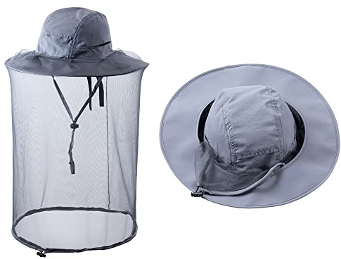 ZffXH Chapeaux avec filet anti-insectes, Casquette de safari et de pêche avec protection faciale en maille, Chapeau d'apiculture pour hommes et femmes - Gris clair, gris foncé, L