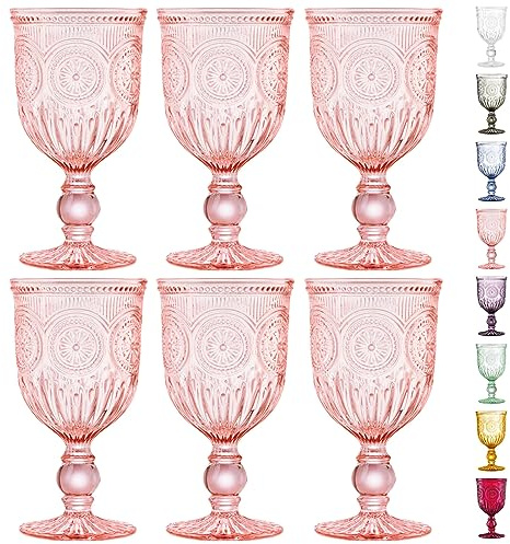 Yungala Pink Wine Glasses Set of 6 Vintage Hobnail Goblets 10 oz Transparent Glassware with Stems Dishwasher Safe