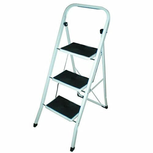 Foldable 3 Step Steel Ladder - Non Slip Tread Stepladder Safety Kitchen Diy Feet Grip | Metal Steel Construction | Long Lasting Strong Quality Durable