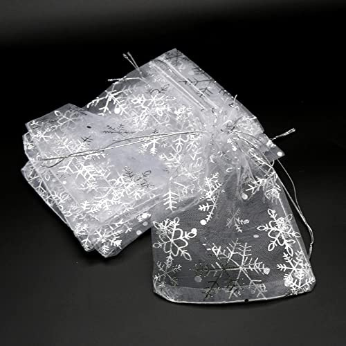 100x Organzasäckchen mit Schneeflocken,10x15cm Organzabeutel Zum Befüllen,Tunnelzug Organza Schmuckbeutel für Schmuck Süßigkeiten Baby Shower Party Weihnachts Verpackung Hochzeit Bonbonsbeutel,Silber