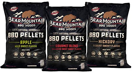 Bear Mountain 3-Pack Wood Pellets for Smoker, Grill & BBQ, 20 Lb, Apple, Hickory & Gourmet - Premium Hardwood Barbecue Pellets for Indoor and Outdoor Grilling