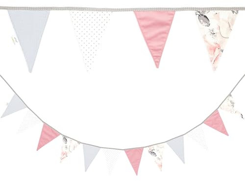 Banderines para Habitación Infantil Algodón gofrado Terciopelo - Guirnalda de Banderines Banderines de Cumpleaños para Exteriores 350 cm 12 Triángulos (15 cm x 22 cm) Rosáceo